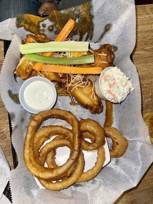 Buffalo Garlic Parmesan, onion rings and coleslaw