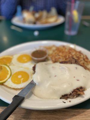 Chicken friend steak and eggs