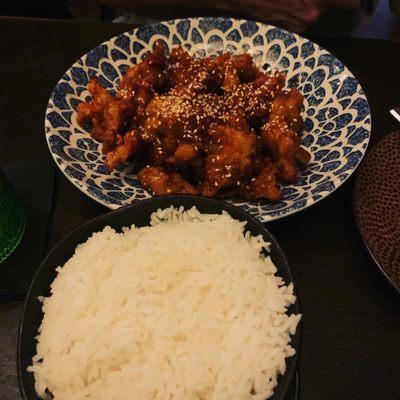 Sesame seed chicken and white rice