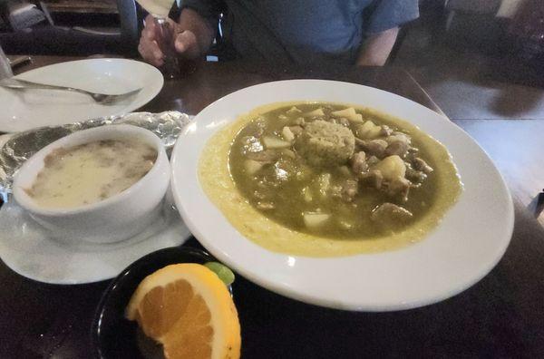 Chile Verde with Cilantro Rice and Refried beans