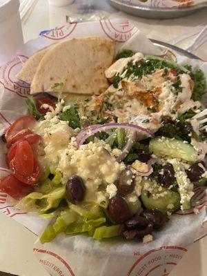 Salmon and Greek Salad with pita bread. All delicious!