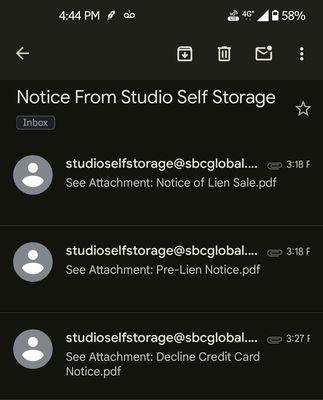 Screenshot showing 3 emailed notices within 10 minutes of the same day, with the oldest notice sent after the most recent.