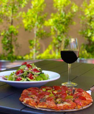 Greek Salad, Create your own pizza, Chop Shop Cabernet.