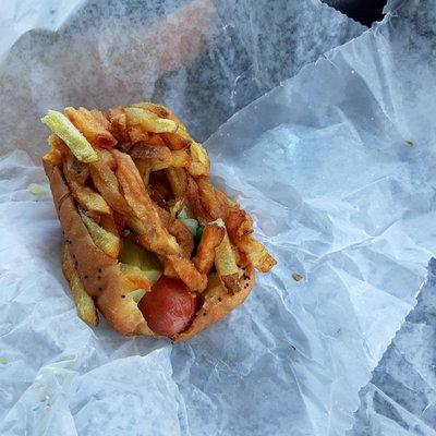 Hot dog and fries cut in half for us. Perfect lunch.