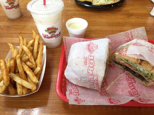 Torta Mexicana with fries and cheese and an agua de horchata.