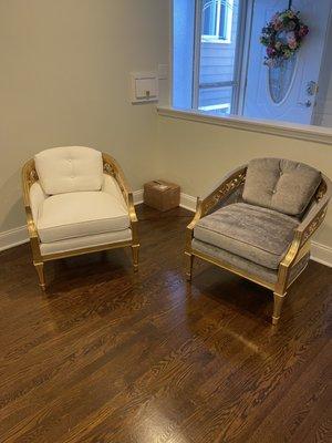 the chairs were painted with gold leafs and the cushions were reupholstered