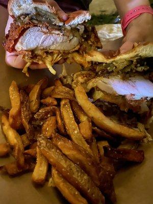 Hot chicken sandwich with double fried fries