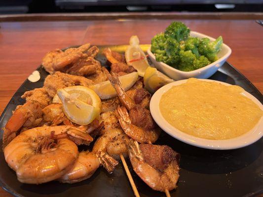 Shrimp Sampler with cheese grits and broccoli