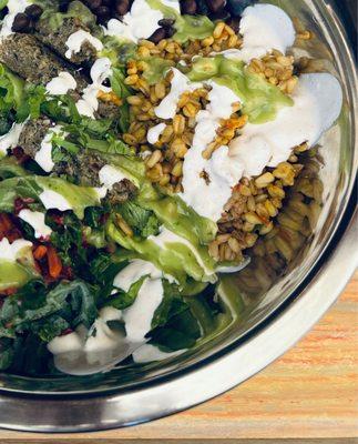 Fatty Bowl - veggie version topped with a meatless burger, served in a mixing bowl.