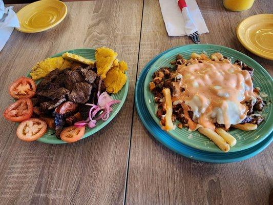 Appetizers...Picadita (grilled steak, crunchy pork cracklings, colombian Chorizo, green fried plantain) & Fiesta Fries