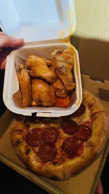 Buffalo Wings and pepperoni Cheese Pizza with 1 Topping