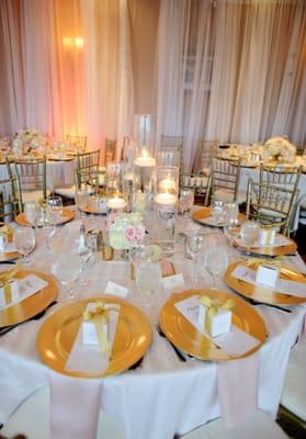 Gold Chargers, Gold chiavari chairs & Blush satin napkins from Monarch