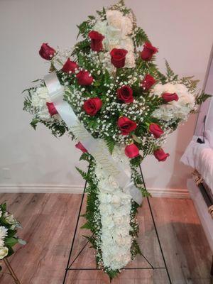 White Carnations with red Roses