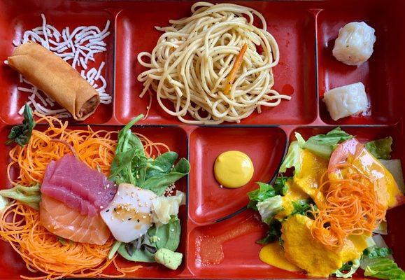 Sashimi Combo Box Lunch (egg roll, noodles, shu mai, salad)