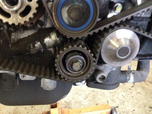 Failed timing belt idler pulley ! This will lead to a very expensive repair bill ! Not sure when to do a timing belt service ? Call us.