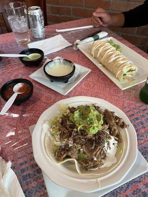 Birria bowl, queso, and a burrito