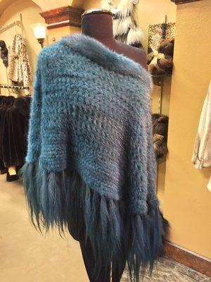 Dark teal knitted mink poncho, with goat hair fringe!