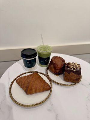 Pastries with hot and cold matcha lattes