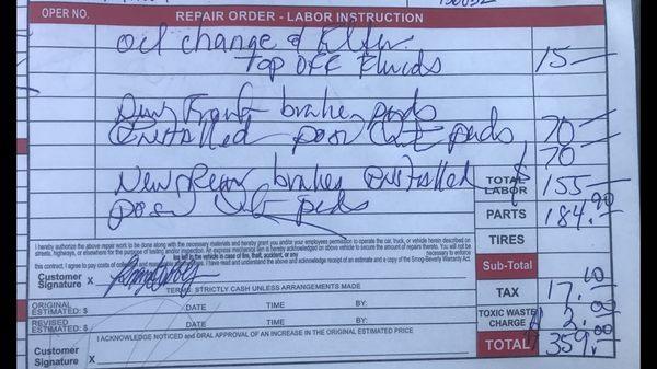 Receipt of changing front/rear brakes and oil for 2005 Acura RL