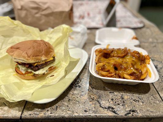 Western Cheeseburger and side of Curly Chili Cheese Fries