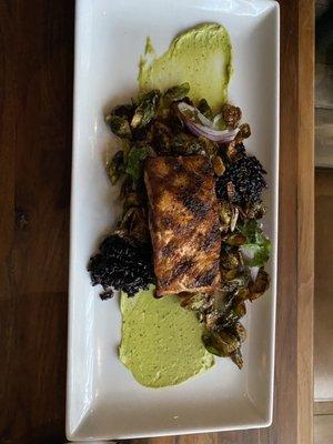 Salmon, black rice and crispy Brussels sprouts