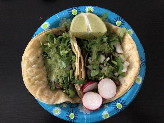 Carne Asada tacos.. the cheese pupusa is underneath!