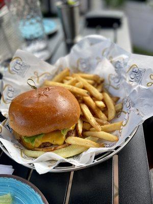 Smash burger with fries.