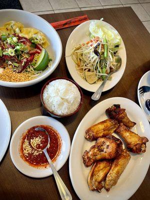 Fried chicken, sticky rice, Zaab style papaya salad, wonton bbq pork noodles (dry)