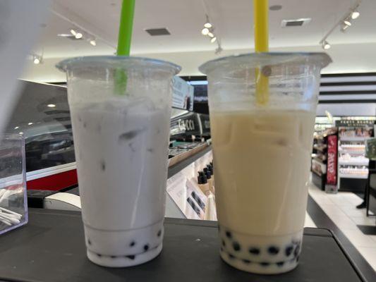 Purple love with honey boba and house milk tea with honey boba