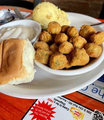 Fried okra, roll, cream gravy, and mashed potatoes.