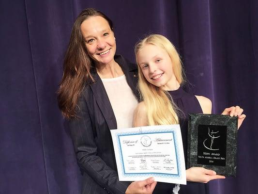 Receiving award at the Youth American Grand Prix (YAGP) with Milda Luckute. San Diego, 2016