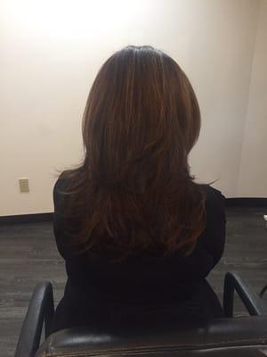 Subtle balayage, on medium brown hair. Long layers, and my signature blowout.