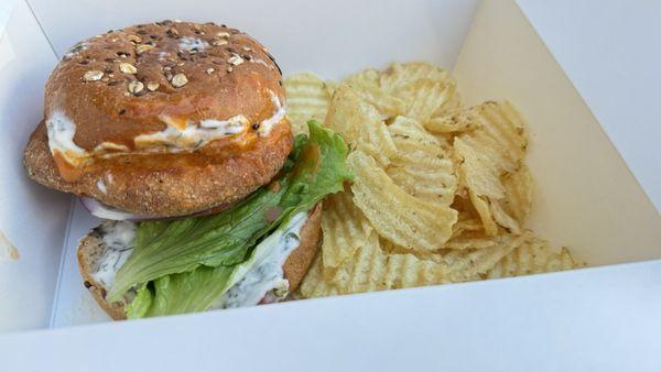 Crispy Buffalo "Chicken" Sandwich with Buttermilk Ranch and Chips $17