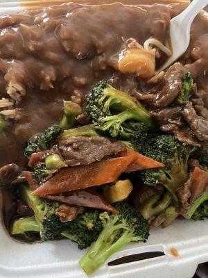 Beef and broccoli with shrimp fried rice and brown gravy