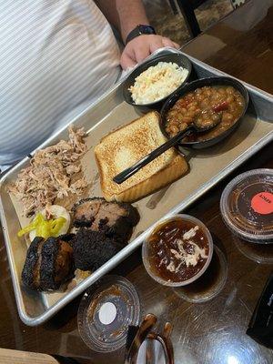 Pulled Pork, burnt ends, beans, coleslaw