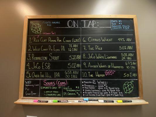 This is an updated look at what's on tap! We serve sours and wines alongside our home-brewed beer.