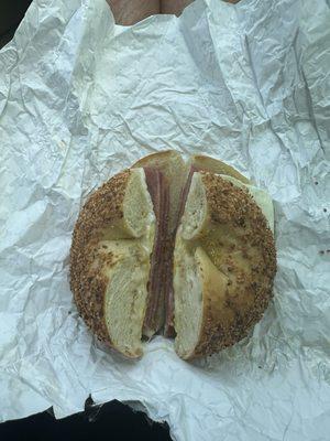 Garlic bagel with Taylor ham, egg and cheese