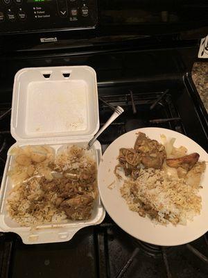 Curry Chicken Platter, Rice, Potatoes & Cabbage