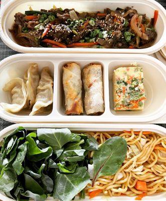 From the top (L-R): Bulgogi, dumplings, egg roll, steamed egg, salad and yakisoba.