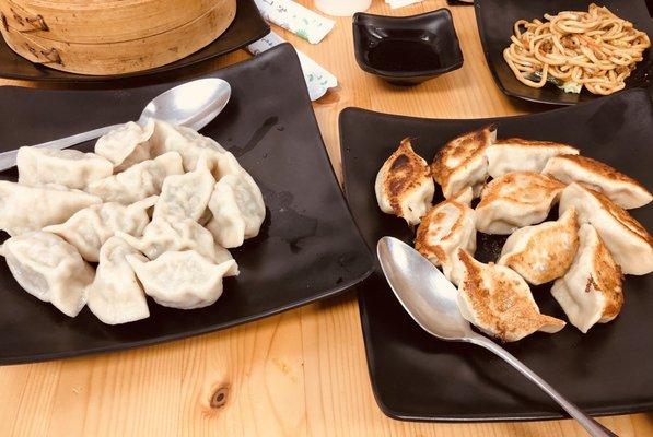 Steamed triple delight dumplings, beef and scallion pot stickers