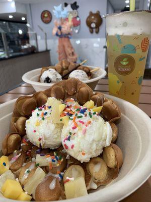 Two Bubble Waffle sundaes and Lychee Green Tea