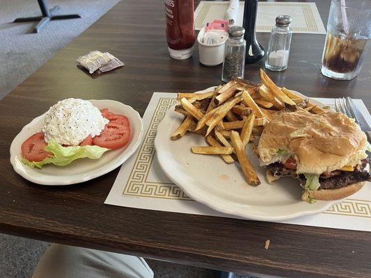 Bacon Cheeseburger (Dressed) w/ Fries and tomatoes and Cottage Cheese.