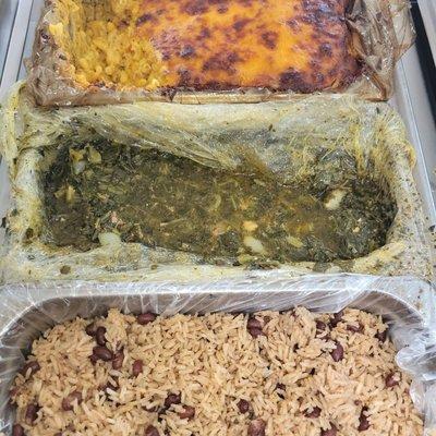 Cheddar smoke Mac and cheese, collard greens with smoked turkey, Rice and red beans