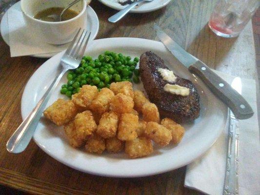 6oz. Pub Steak, with choice of Potatoes(tots, fries, or baked) and seasonal Veggies