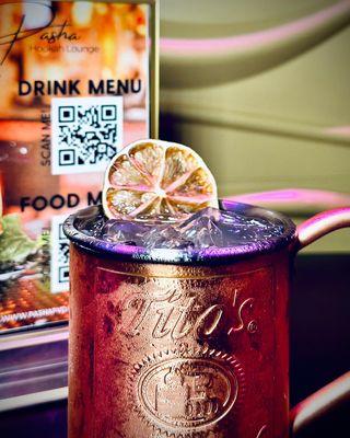 Moscow Mule served in a copper mug with dehydrated lime