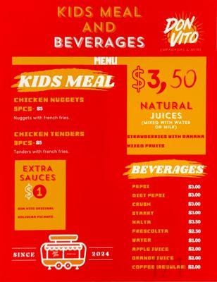 Kids meal menu and beverages