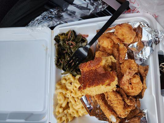 Catfish ,Shrimp,Greens,with Mac n cheese and homemade Cornbread...yes yes yes