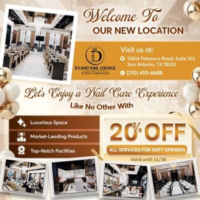 WELCOME TO OUR NEW LOCATION! 
 Enjoy 20% OFF all services during our soft opening!
 Offer valid until 11/30/2024!