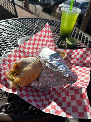 Chicken burrito and cucumber lime drink