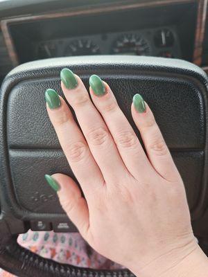 Here's my jade green set. Super manageable shape and length for someone a bit out of practice wearing nails